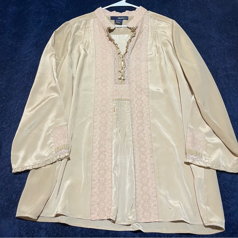 Denim 24/7 Tunic Top Blouse Womens Beige Tucks Pleats Bell Sleeves 18W XXL